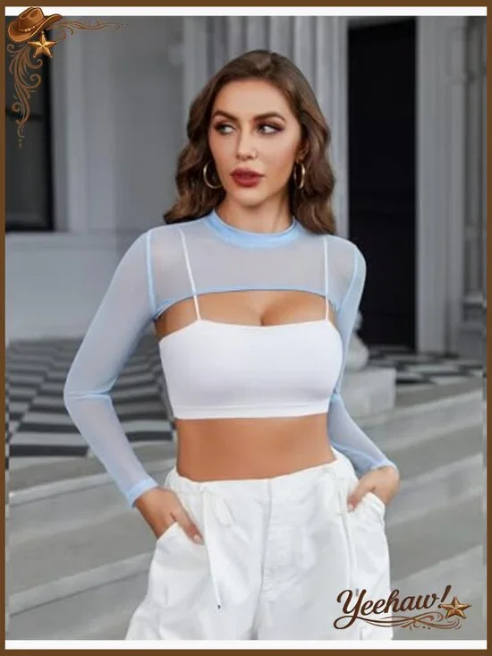 Long Sleeve Mesh Crop Top Mock Neck Slim Fit See Through Clubwear - Picture 3 of 7